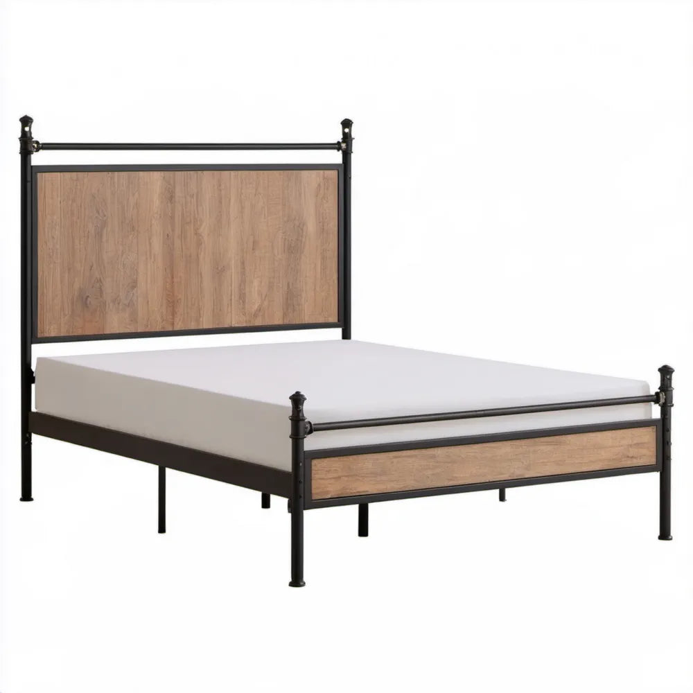 Łóżko metalowe 160 x 200 cm z panelami MDF w dekorze dębu, czarno-brązowe