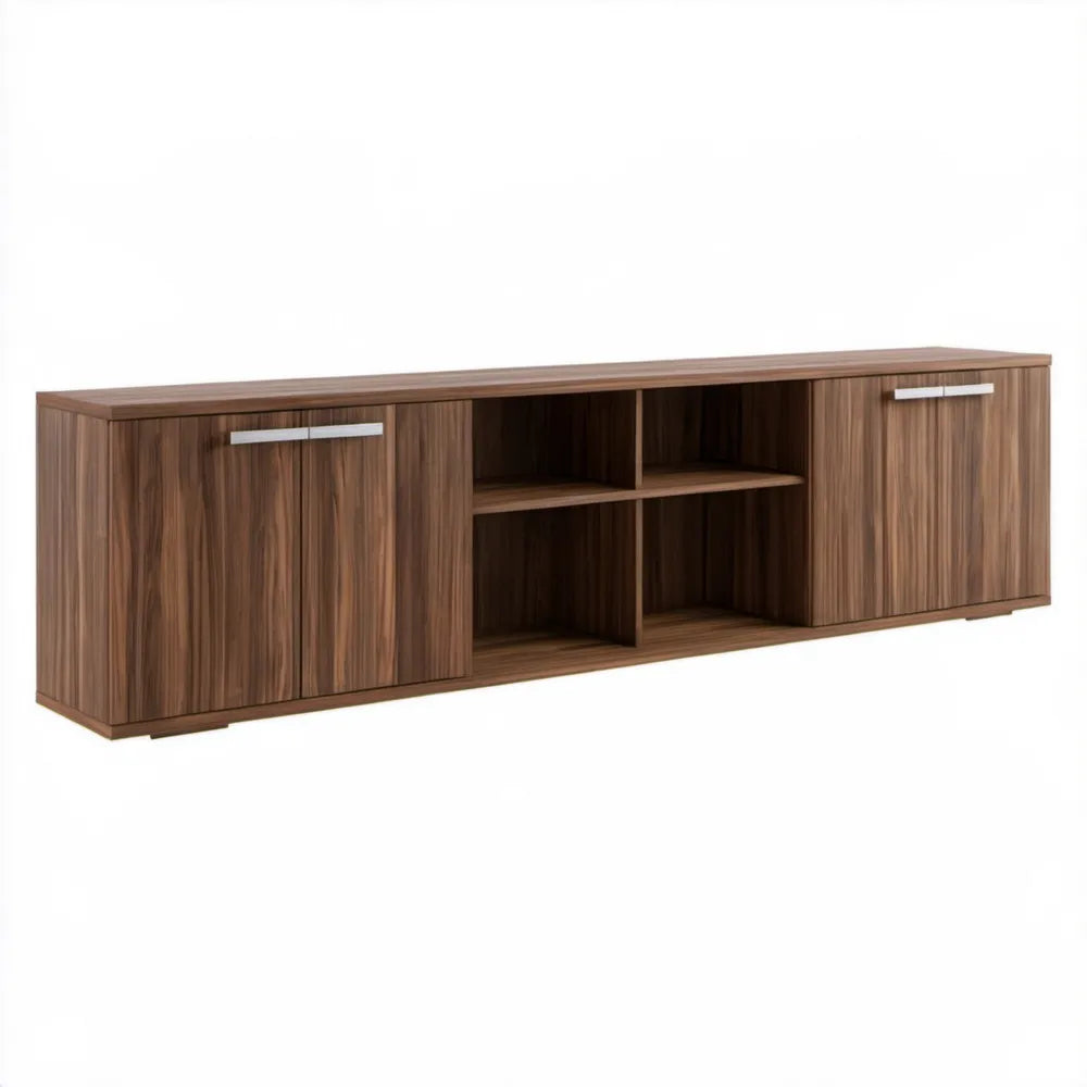 Szafka RTV orzechowa 180 x 40 x 50 cm z 4 drzwiami i 4 otwartymi wnękami