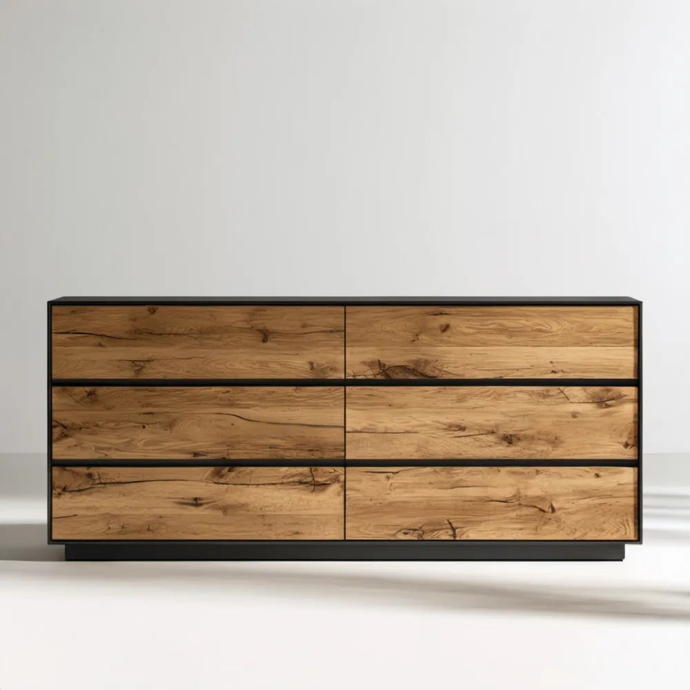 Komoda industrialna z 6 szufladami, dekor naturalnego dębu i czarna stal, 160 x 45 x 80 cm